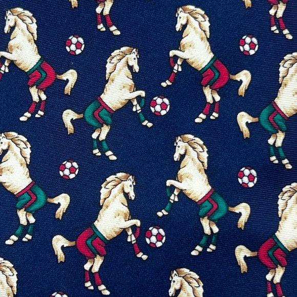 Brooks Brothers Makers Silk Navy Blue Prancing Horses Playing Soccer Mens Tie - Picture 4 of 6